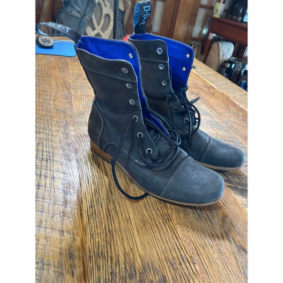 John Fluevog Shoes - John Fluevog Grey Nubuck Leather Combat Boots Blue Lining Laces Size 7.5  Women